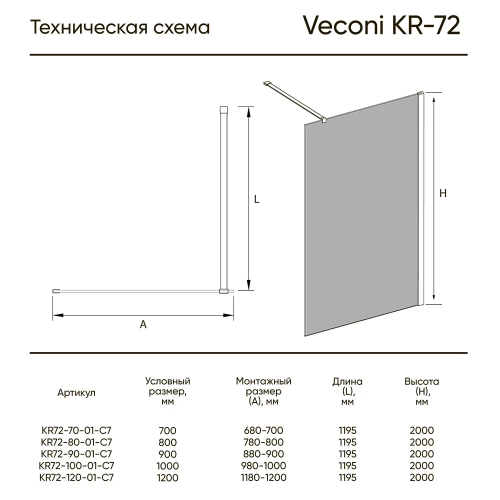 Душевая перегородка KR72-90-01-C7 900x2000 Профиль Хром Cтекло Прозрачное Veconi