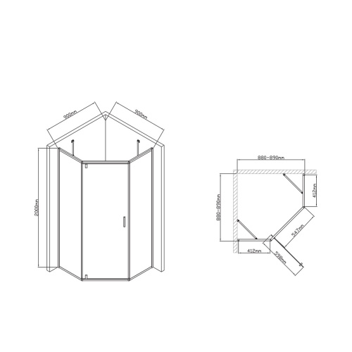 Душевой уголок, пятиугольный Slim-U VSP-2SU900CLB 900x900x2000 цвет черный стекло прозрачное Vincea