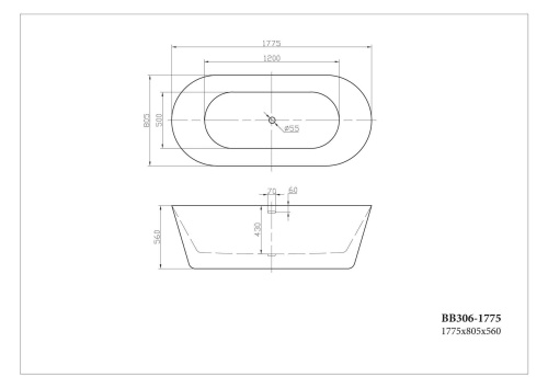 Отдельностоящая, овальная акриловая ванна  1775x805x560 BB306-1775 BELBAGNO