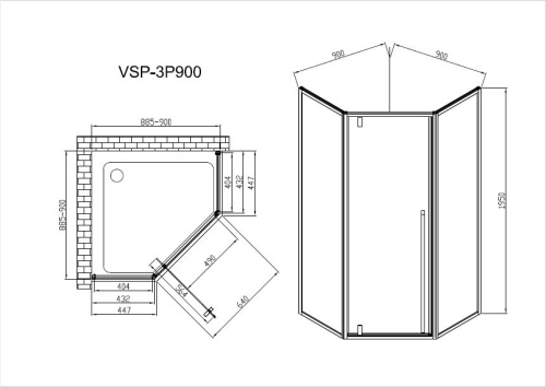 Душевой уголок, пятиугольный Penta VSP-3P900CL 900x900x1950 цвет хром стекло прозрачное Vincea